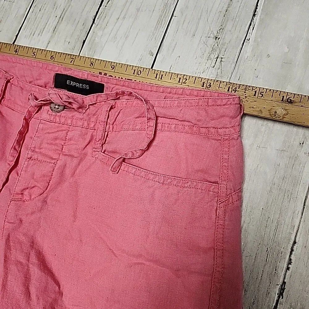 Express Women's Coral Pink 100% Linen Cargo Pants - Size 1/2 - Picture 5 of 11